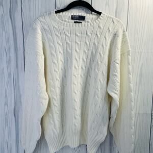 VTG Polo Ralph Lauren Cable Knit Cotton White Sweater Men's XL Pony Old Money